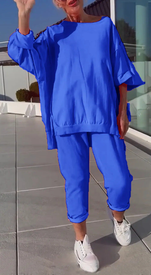 Casual Solid Color Round Neck Long Sleeve Top Two-piece Pants