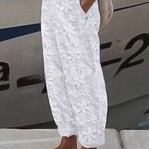 Women's Elegant Embroidery Cotton And Linen Casual Pants