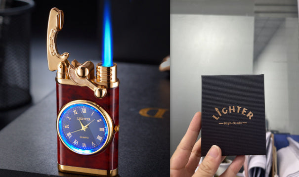 New Lighter With Electric Watch Rocker Arm Automatic Ignition Straight Blue Flame Lighter Creative Real Dial Inflatable Windproof Lighter Men's Watch Gift