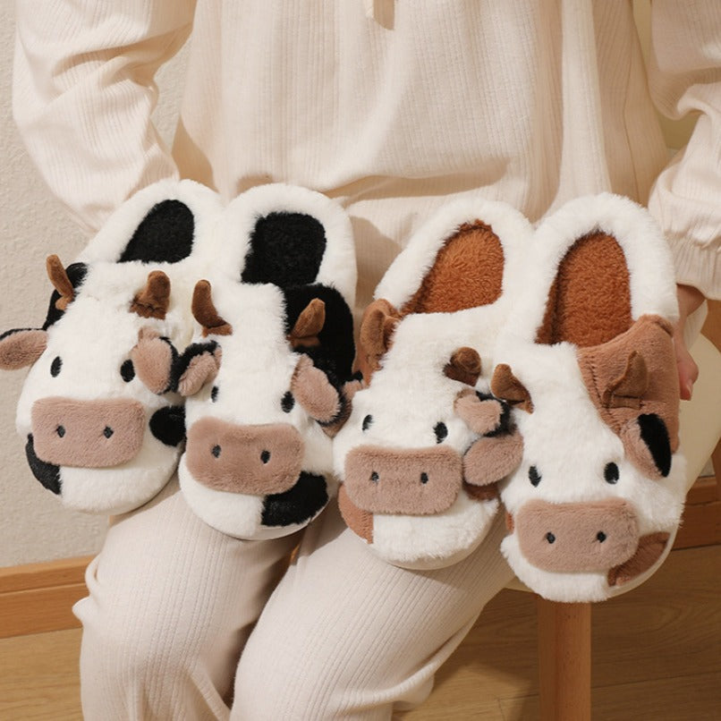Indoor Home Cartoon Cow Fur Cotton Slippers Female