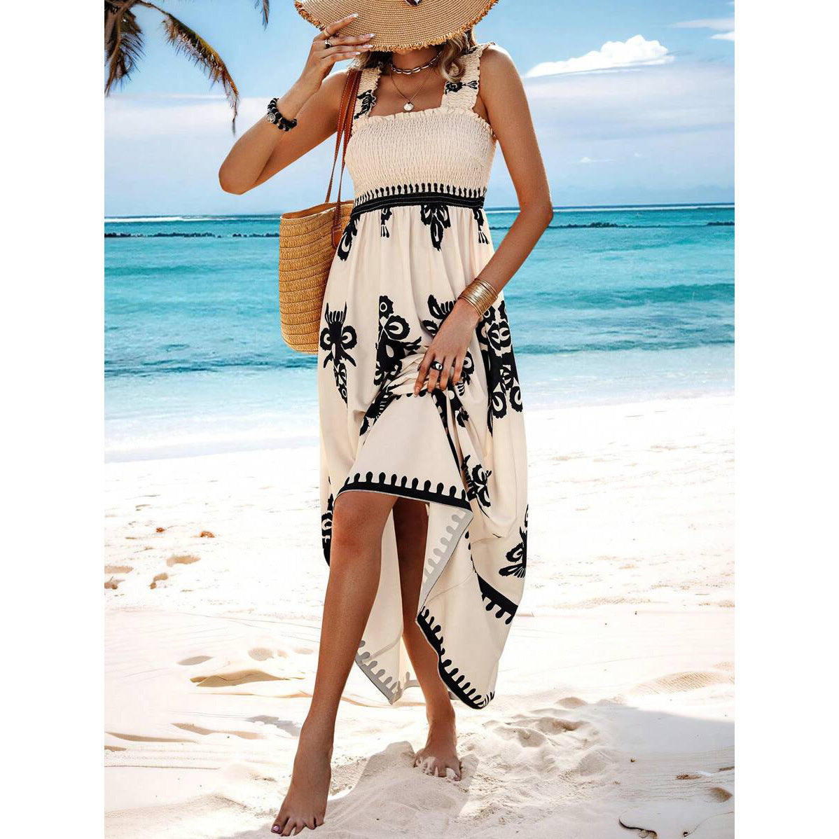 Holiday Style Printed Front Cross Mid-length Dress