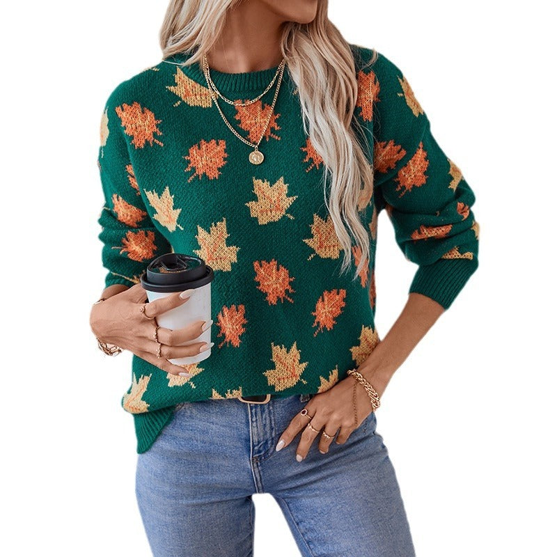 Sweater Female Maple Leaf Pattern Jacquard Leisure Pullover