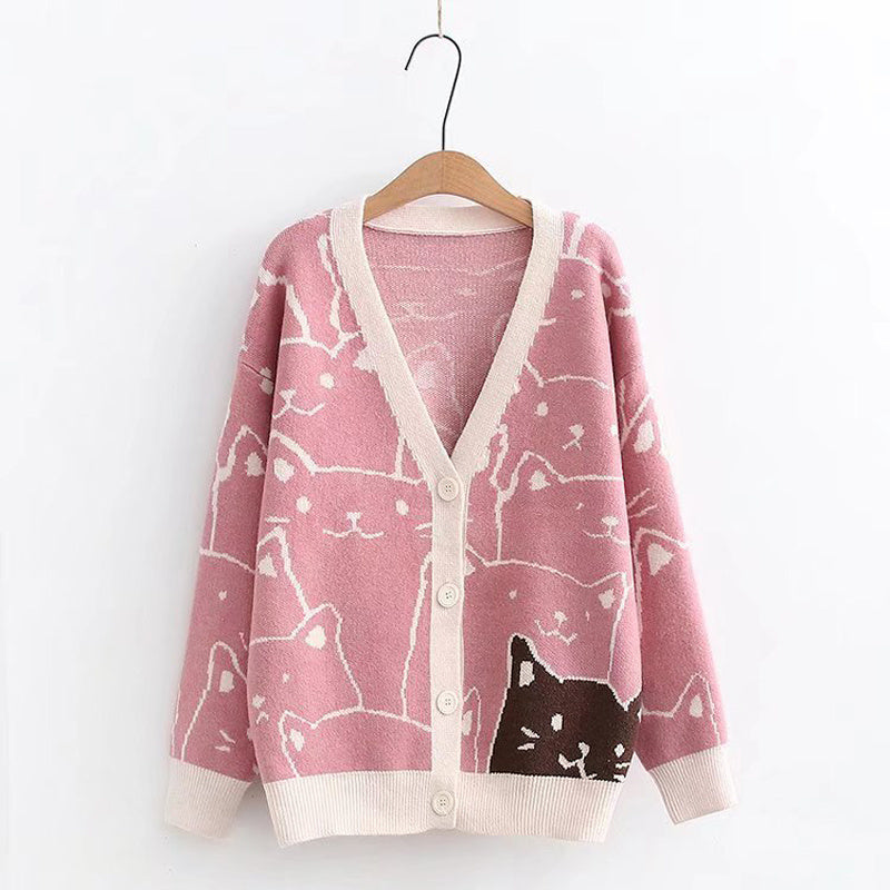 Sweet Outer Wear Knitted Jacquard Full-body Cartoon Cat Single-breasted Cardigan Sweater