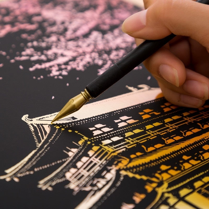 Colourful City Night Scene Hand Scratch Painting