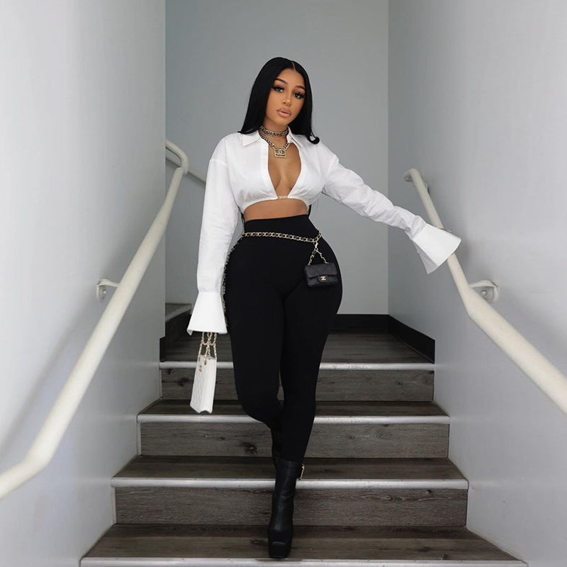 Short Cardigan Waist-tight Solid Color Lapel Long Sleeve Shirt