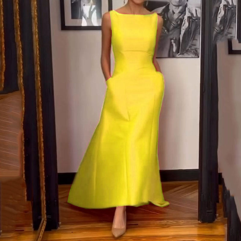 Fashionable Waistband Solid Color Dress