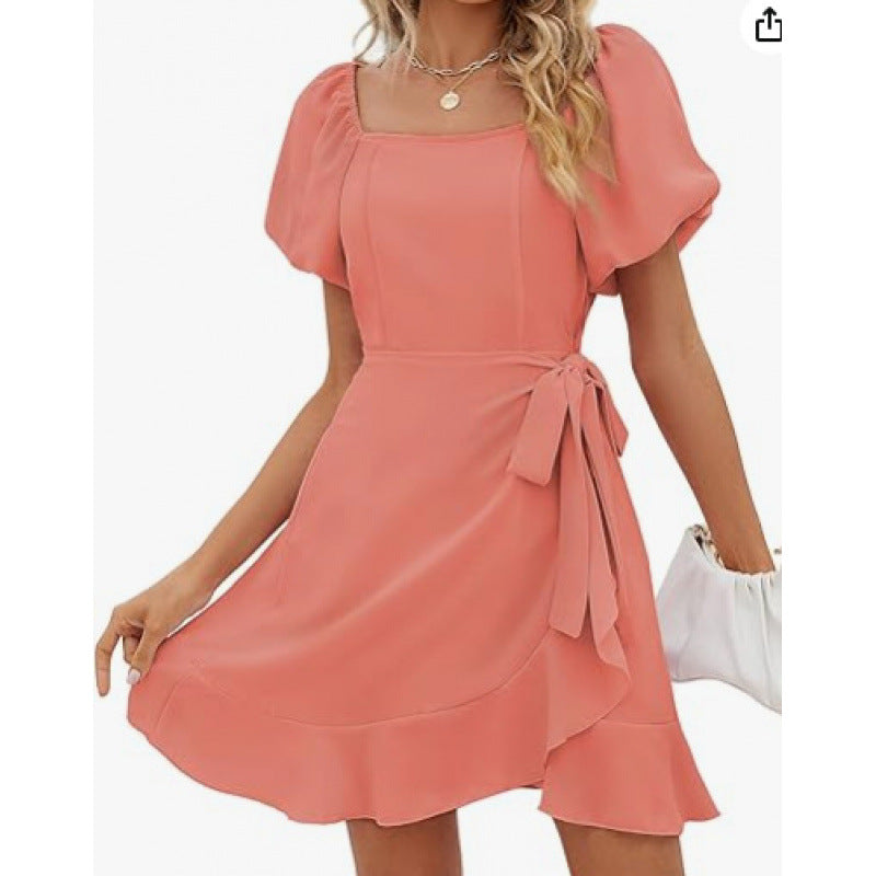 Women's Square Collar Solid Color Puff Sleeve Dress Lace-up Waist