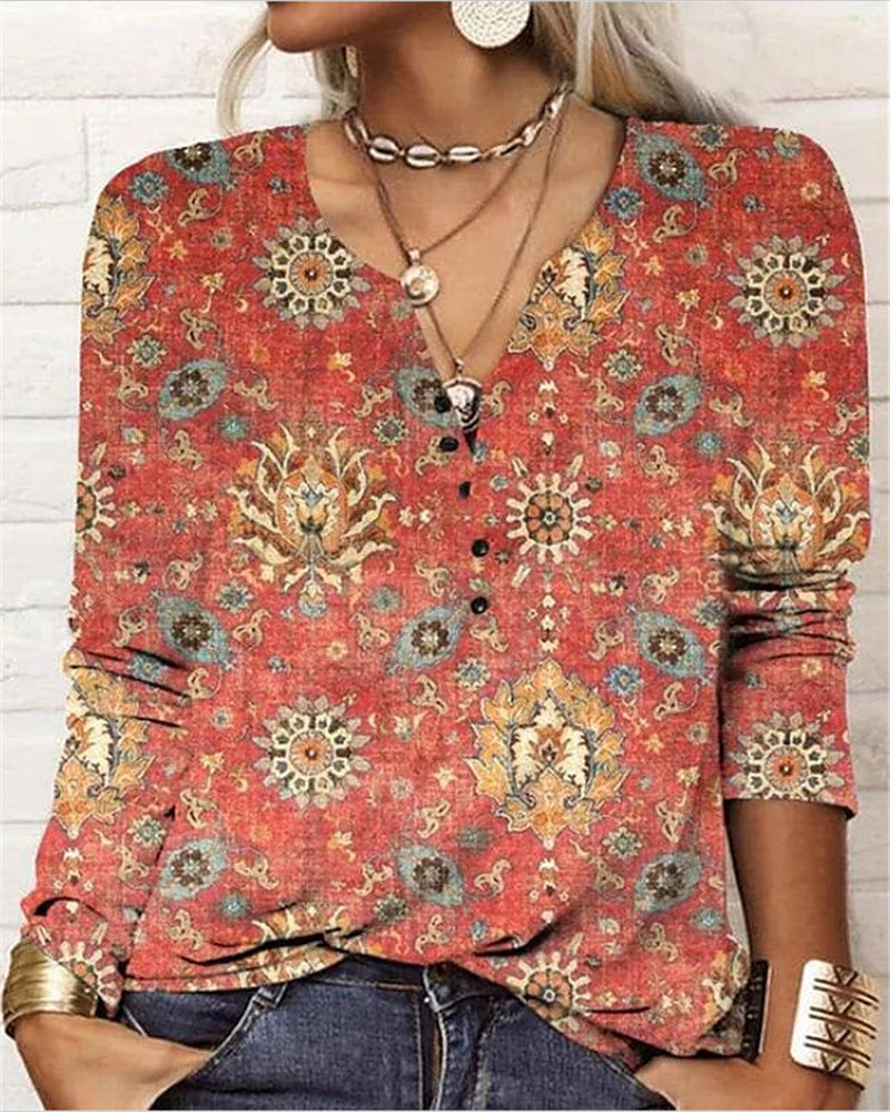 Women's Casual Ethnic Style V-neck Long-sleeved T-shirt