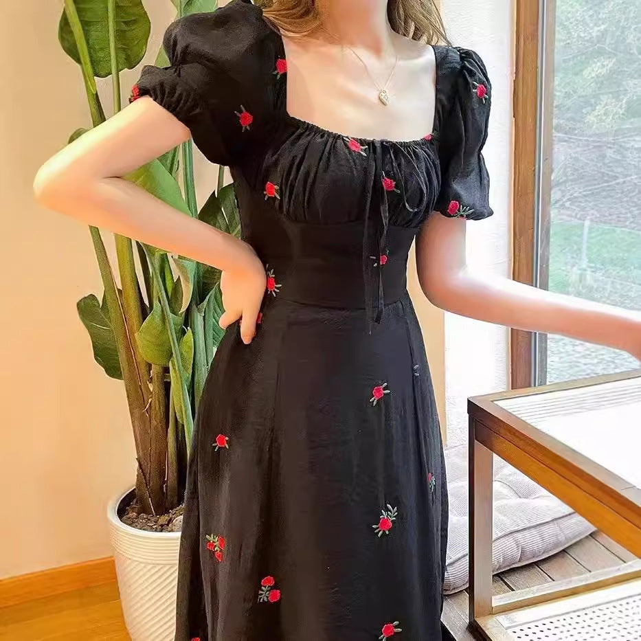 Mori Style French Dress Stunning Black Square Collar Floral Dress