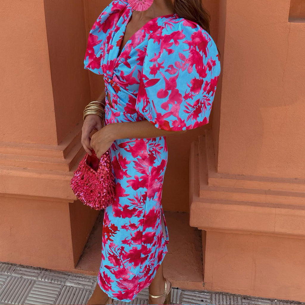 Women's Deep V-neck Slim-fit Short-sleeved Long Dress