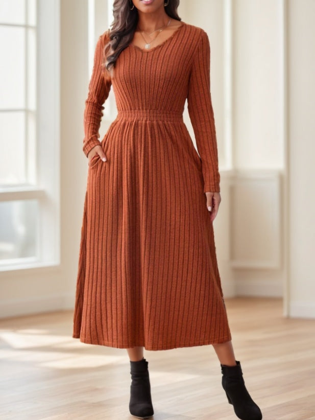 Women's Fall Solid Color Casual Long Sleeve Midi Dress With Belt Decoration