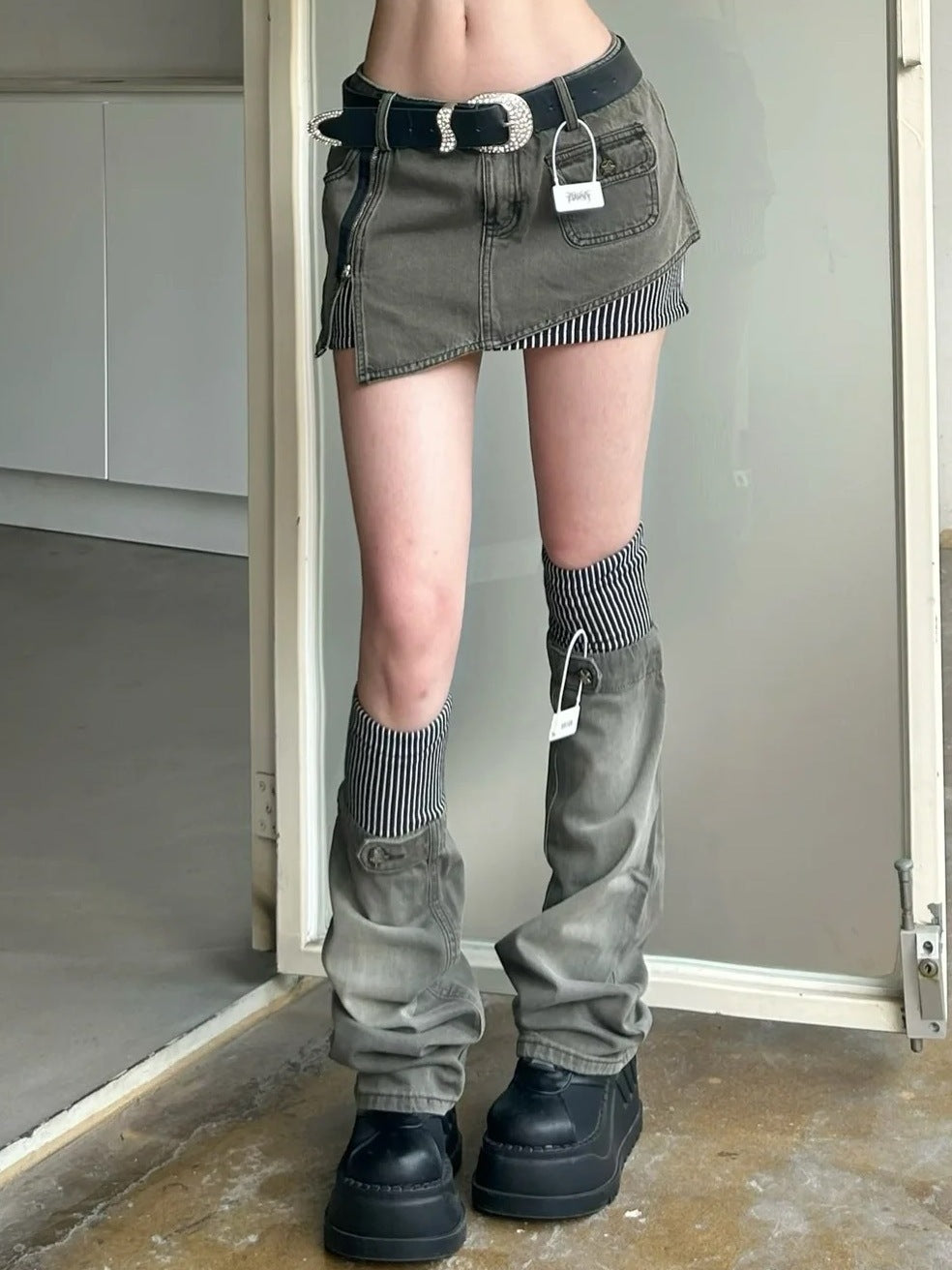 Women's American-style Retro Plus Size Striped Stitching Denim Suit Skirt