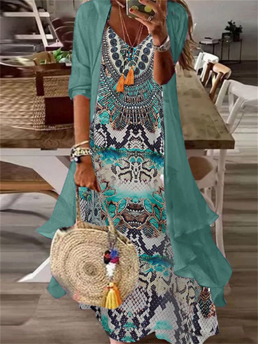 Two Piece Set Of Half Sleeved Printed Casual Retro Sexy Dress