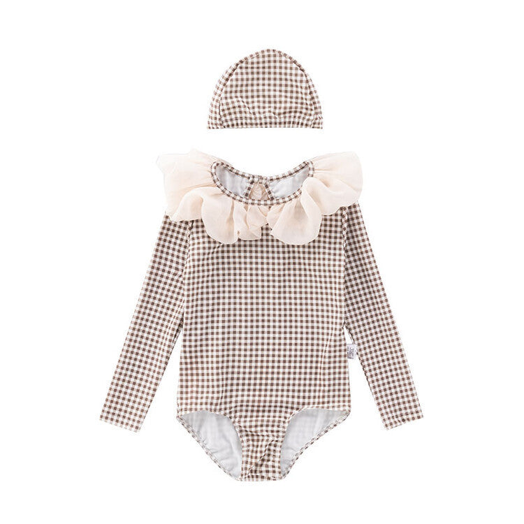 Long Sleeve One-piece Flower Collar Swimsuit For Girls