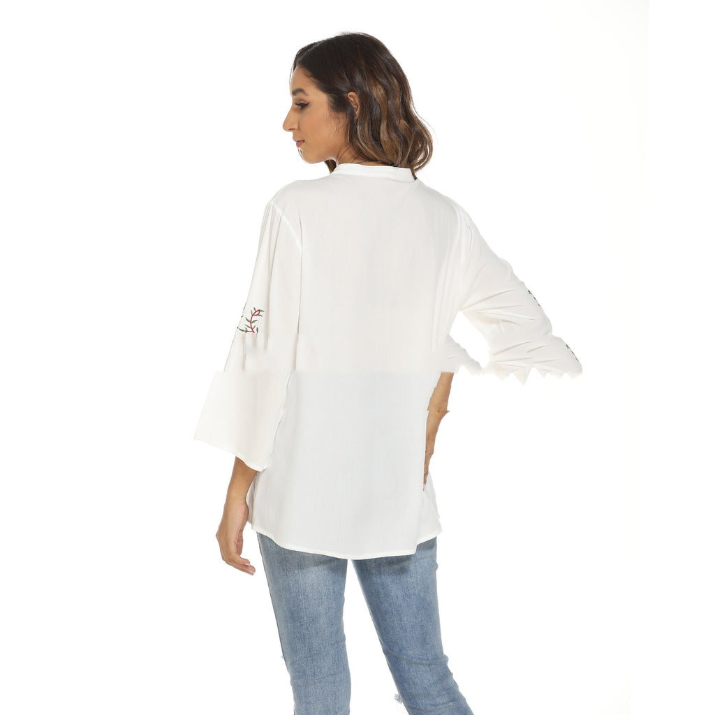 White Long Sleeved Embroidered Women's Top