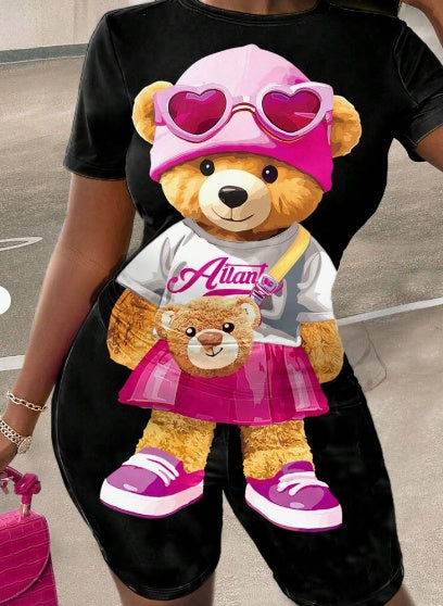 Casual Printed Cute Bear Pattern 2pcs Set For Women, Suitable For Summer