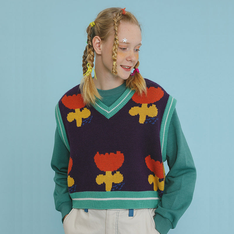 Autumn Winter Women Floral Vest V Neck Loose Knitted Pullovers Short Sweater