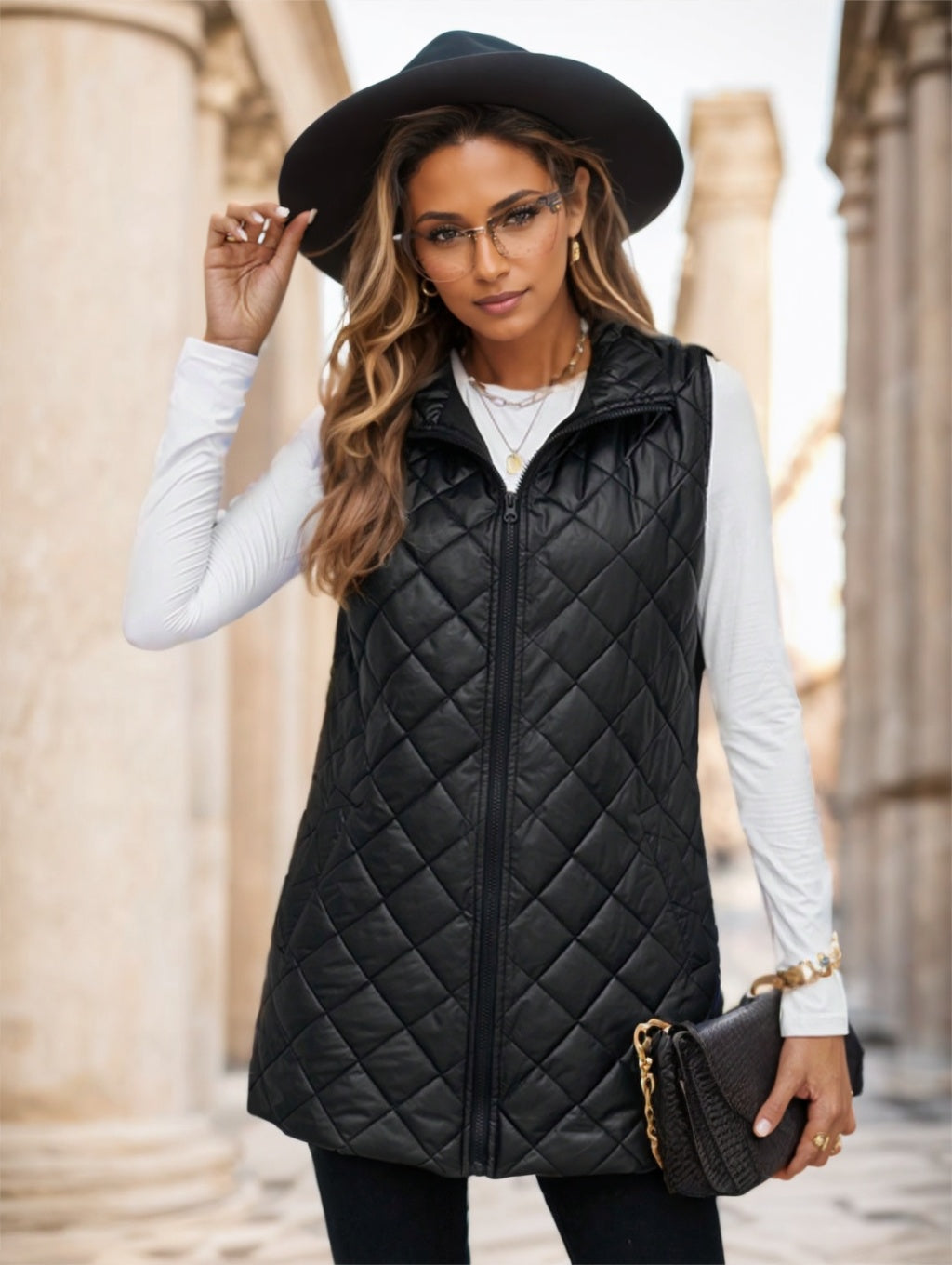 Clasi Slant Pockets Sleeveless Argyle Quilted Vest Coat