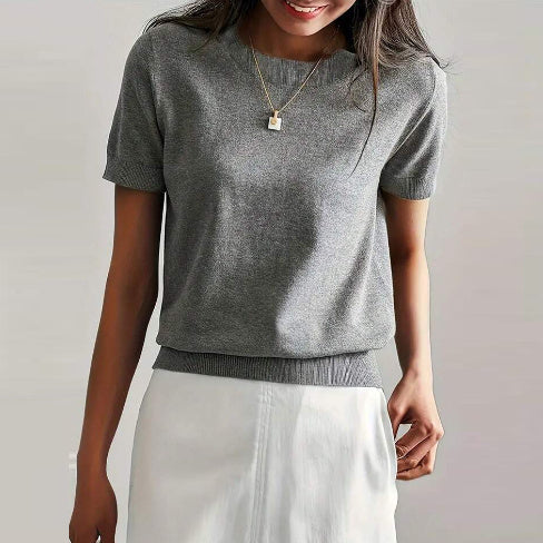 Simple Niche Round Neck Solid Color French Short Sleeve Sweater Sweater