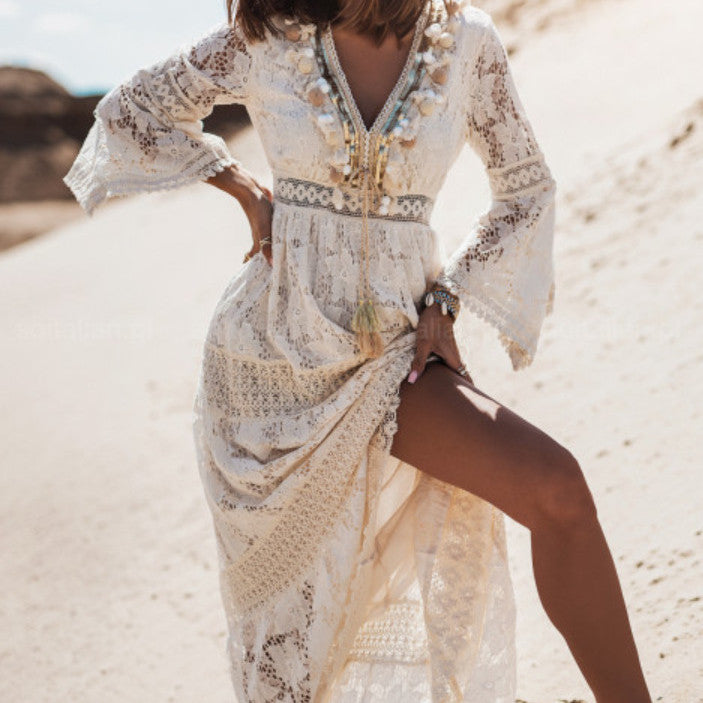 Lace Stitching Lace Fringed Flared Long Skirt