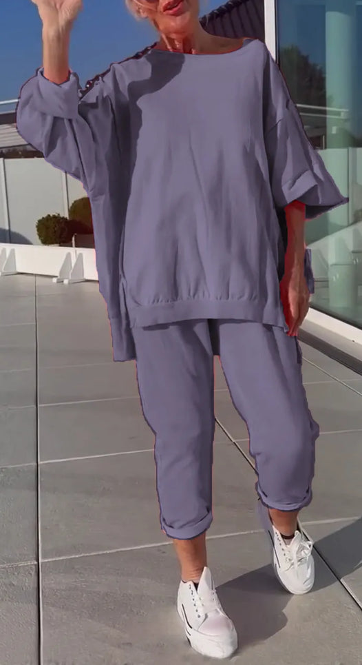 Casual Solid Color Round Neck Long Sleeve Top Two-piece Pants