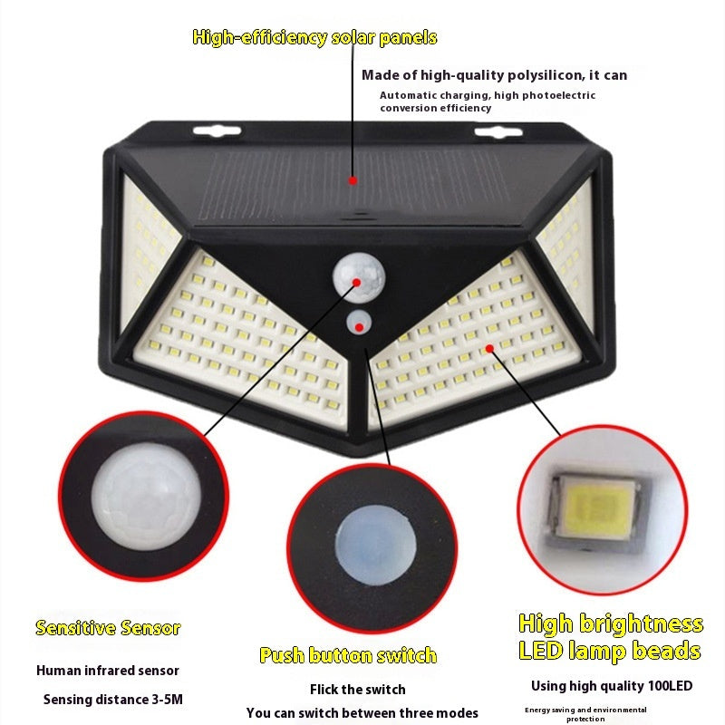 114LED Solar Wall Lamp All Sides Luminous Outdoor Human Body Induction Street Lamp