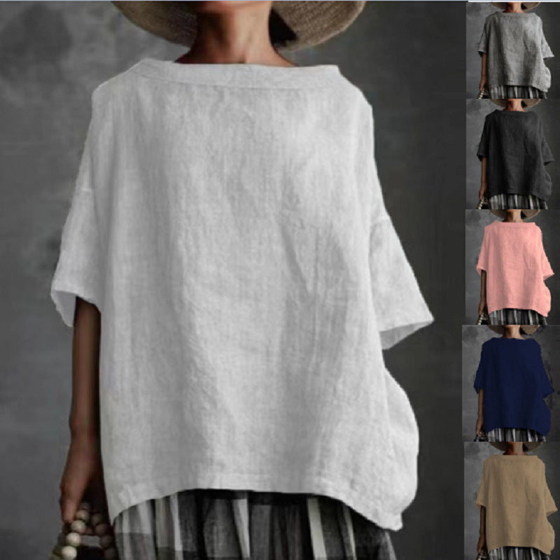New Cotton And Linen Style Solid Color Loose Women's Wear T-Shirt