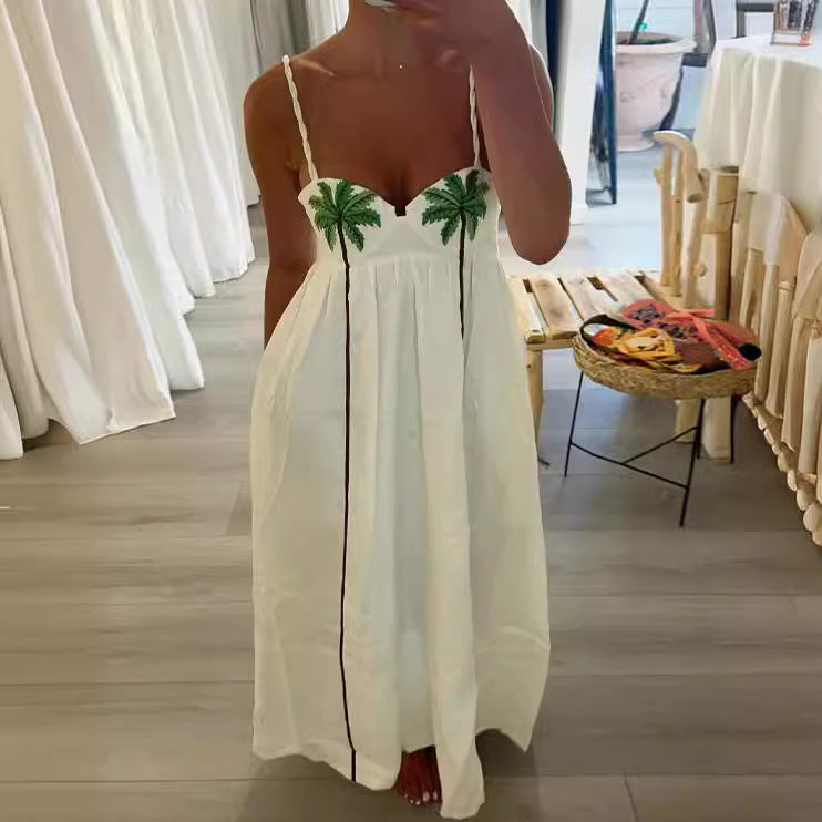 Summer New Fashion Temperament Coconut Tree Printed Suspender Dress