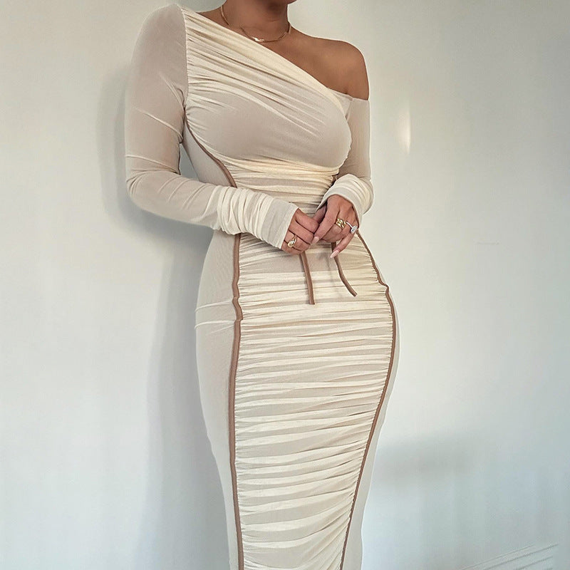 Summer Women's Diagonal Collar Long Sleeve High Waist Mesh Dress