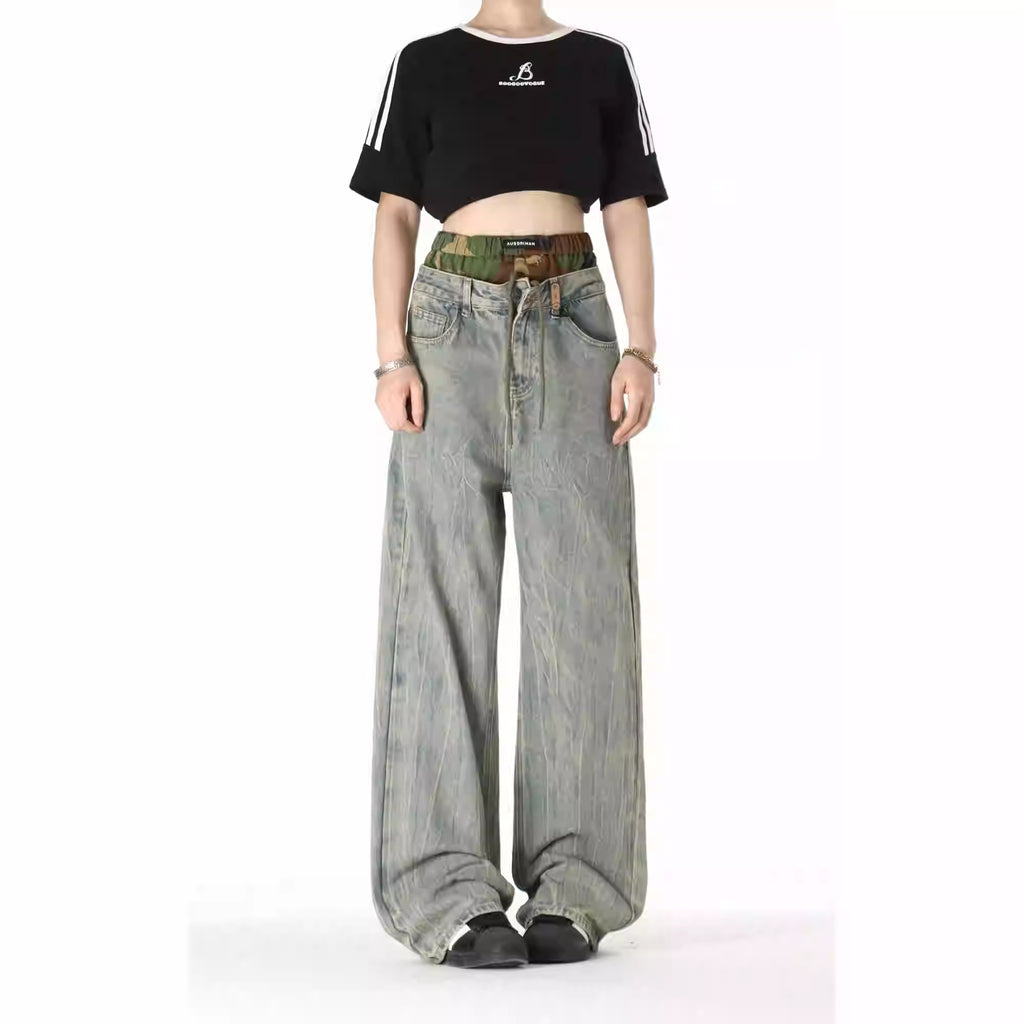 Camouflage Stitching Double Waist Pants Bandage Dress Crack Faded Retro Straight Loose Casual Pants