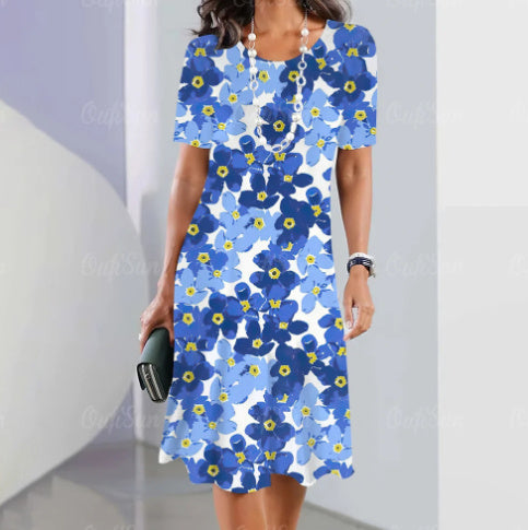 Flower Colorful Sweet Fresh And Loose Round Neck Dress