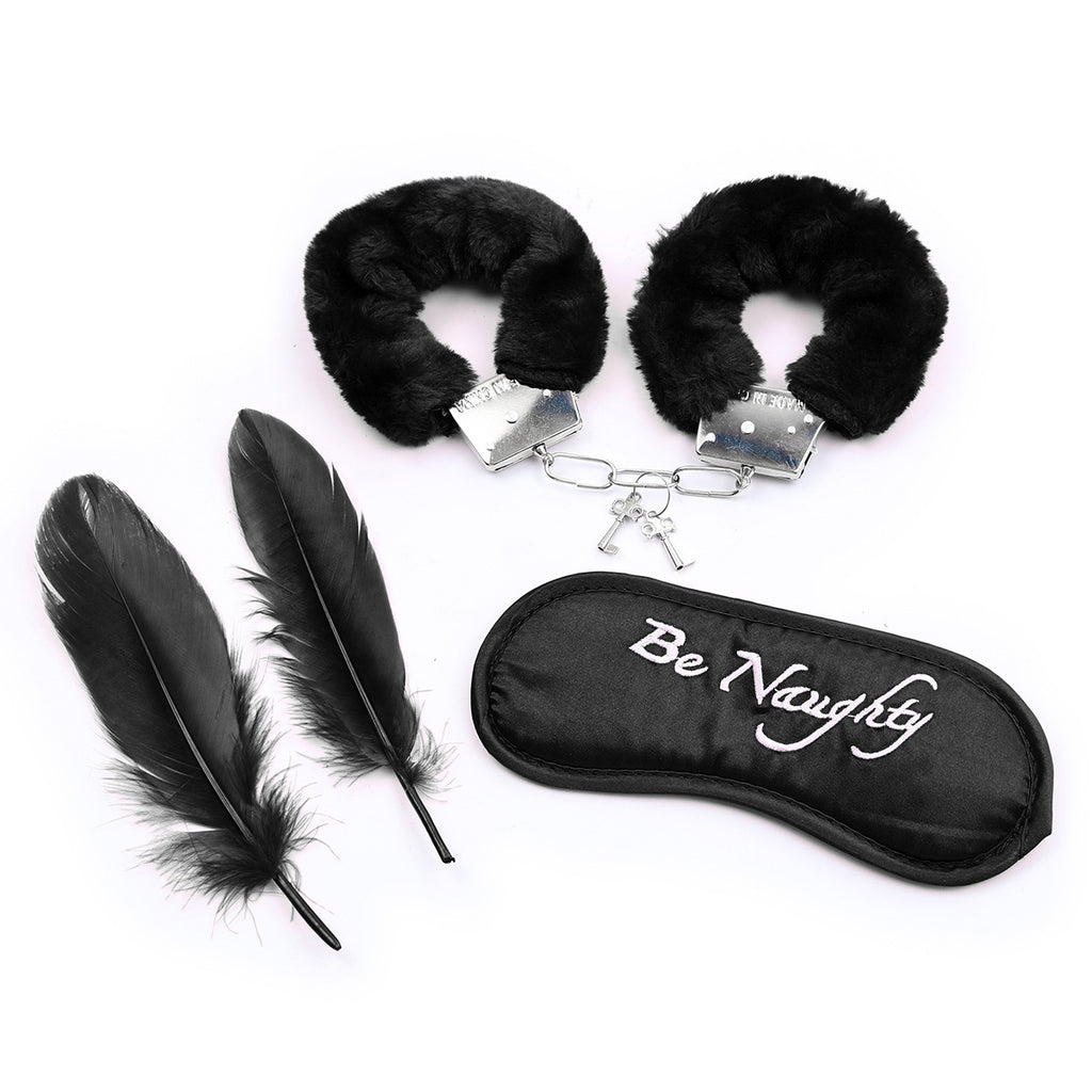 Black Red Furry Handcuffs With Eye Mask Feather Three-piece Toy