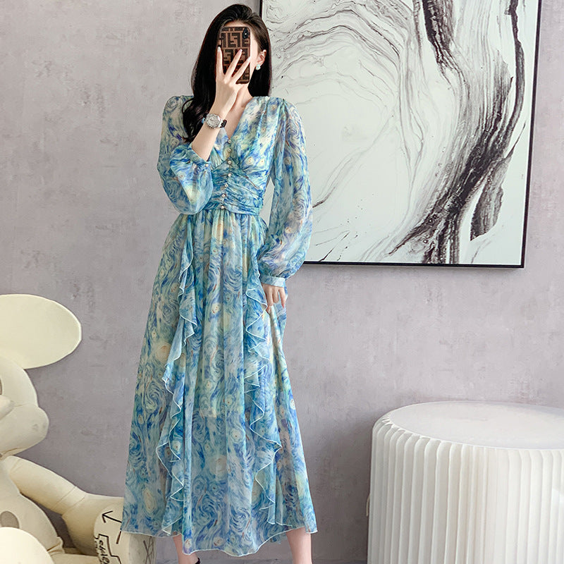 Printed Long Dress Star Yarn Chiffon Ruffled Swing Dress