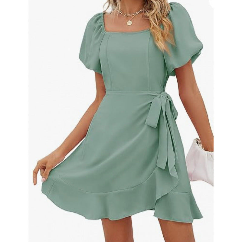 Women's Square Collar Solid Color Puff Sleeve Dress Lace-up Waist
