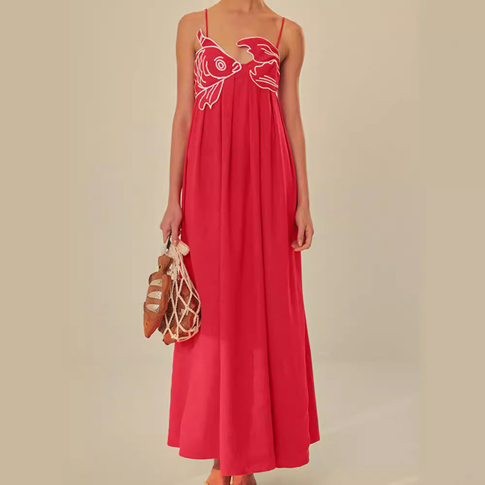 Red Fish-shaped Top Extra Long Dress Backless Slip Dress