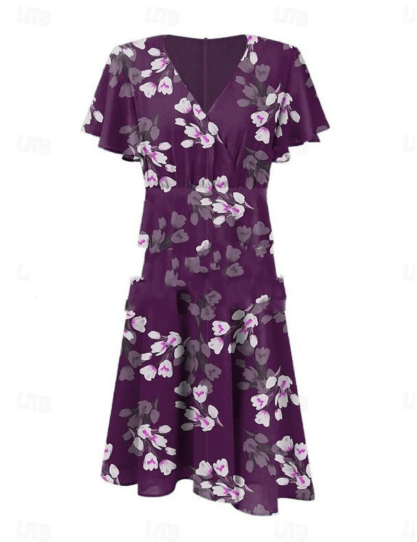 Summer Sweet Wind Ruffled V-neck Printed Waist-controlled Dress