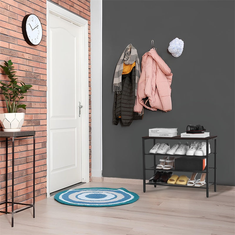 3-tier Shoe Rack With Grid Rack Wooden Rustic Foyer Shoe Rack With Coat Hook, Suitable For The Steel Frame Of The Living Room Mud Room At The Front Door Of The Corridor