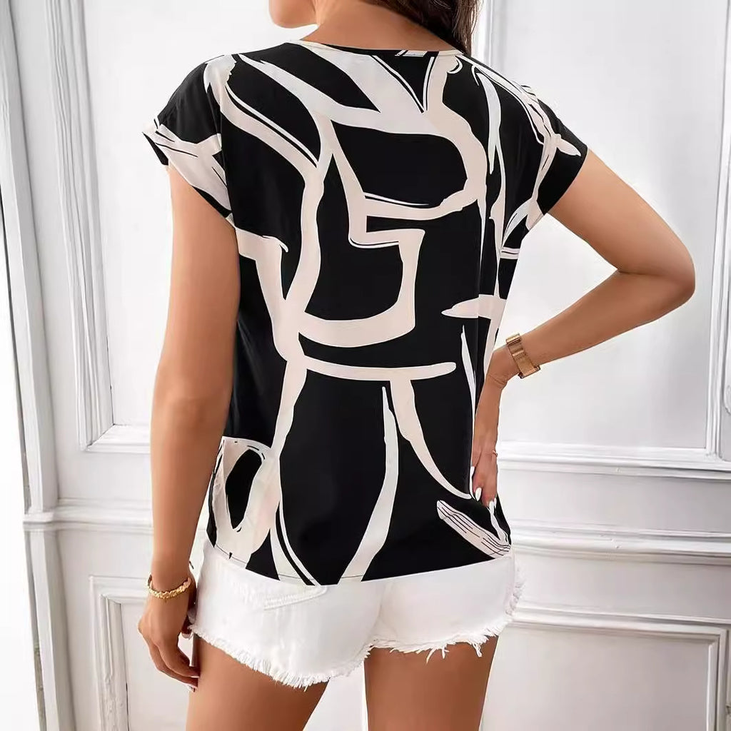 Women's Shoulder Short Sleeve Printed Shirt
