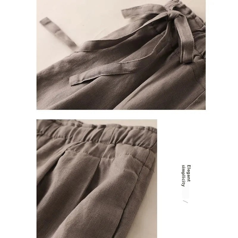 High Waist Side Lace-up Retro Art Elastic-waist Casual Pants For Women