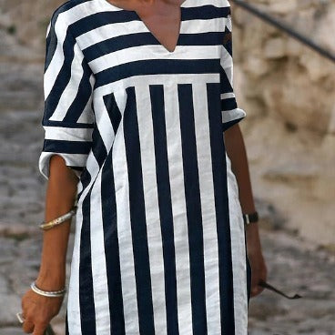 Striped Round Neck Loose Stitching Dress