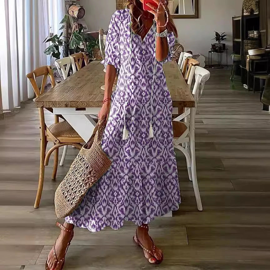 Women's Loose V-neck Bohemian Style Print Dress Mid Waist Long-sleeved Dress