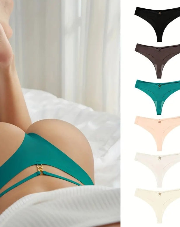 6PCS Scacto Seamless One-Piece Thongs - Sexy Solid Color Nylon Knit Fabric V-Strings With Ring Detail - Hand Wash Only, No Dry Clean