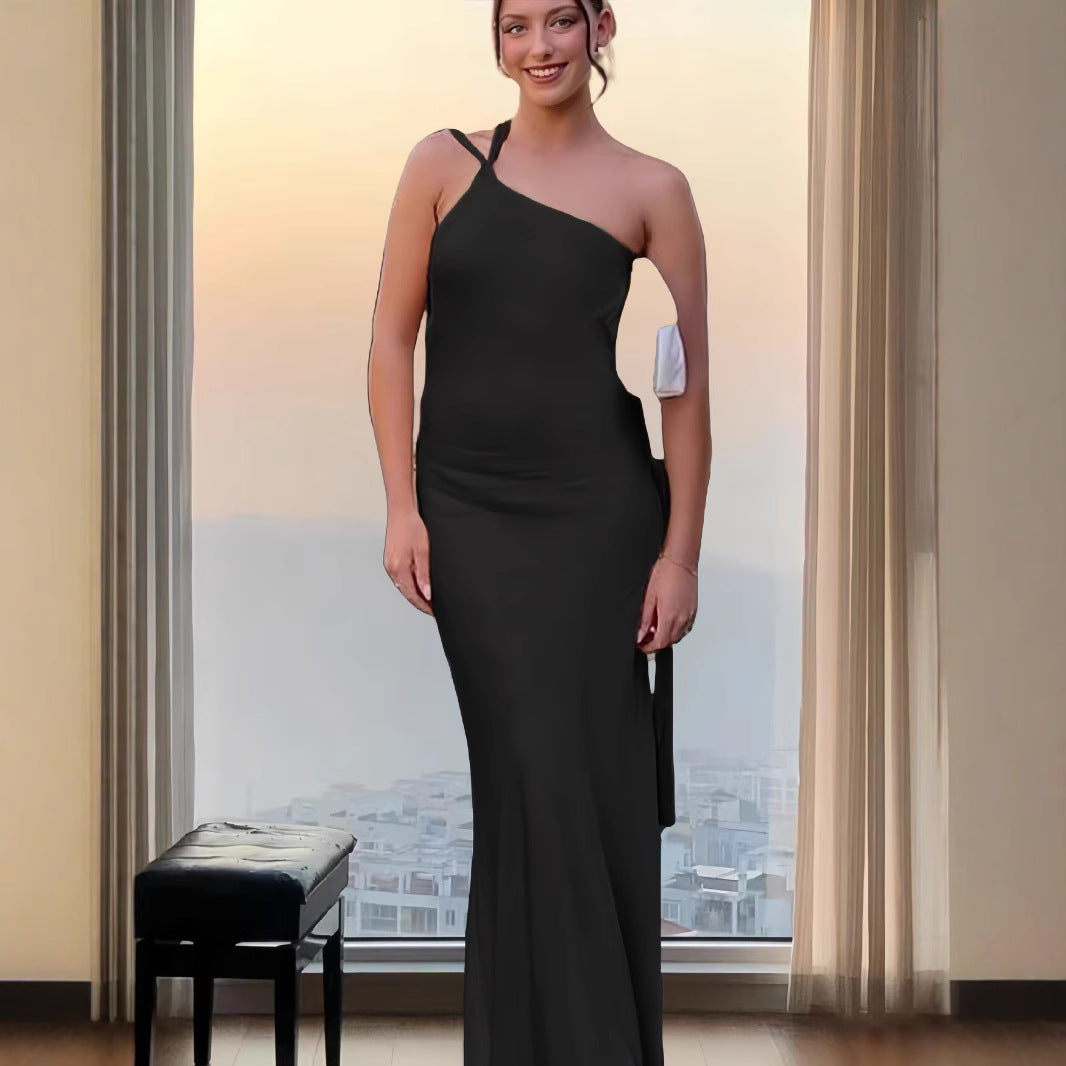 Women's Sleeveless Diagonal Collar Dress Summer And Autumn Solid Color Backless Hollow-out Cinched Long Dress