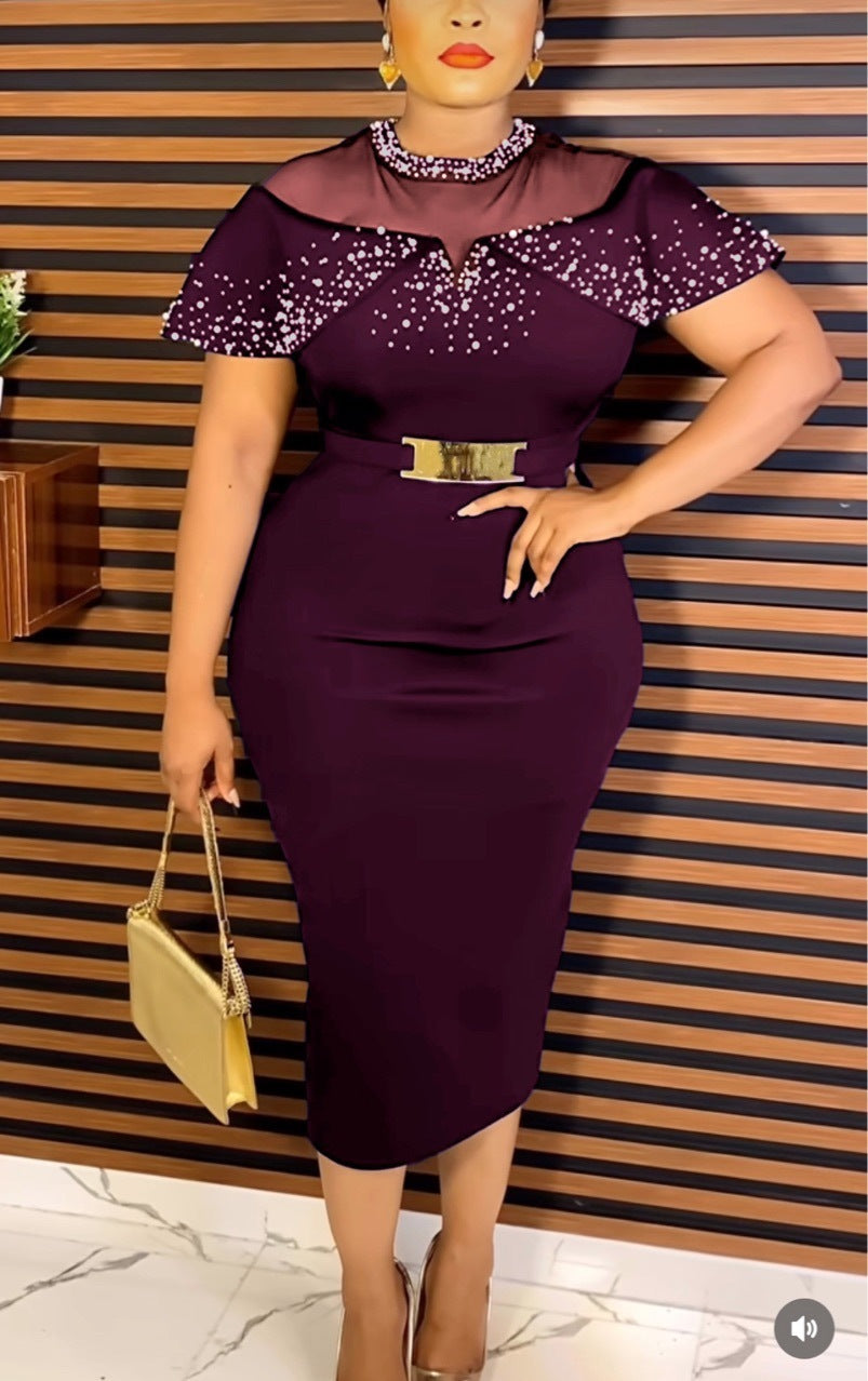 Heavy Industry Bubble Beads Shawl Sleeve Stitching Mesh Elegant Slim Dress With Belt