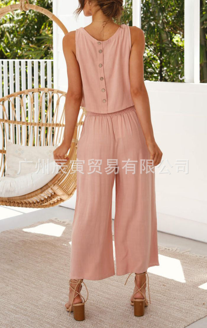 Casual Sleeveless Buckle Vest Cropped Double Pocket Wide Leg Pants Suit
