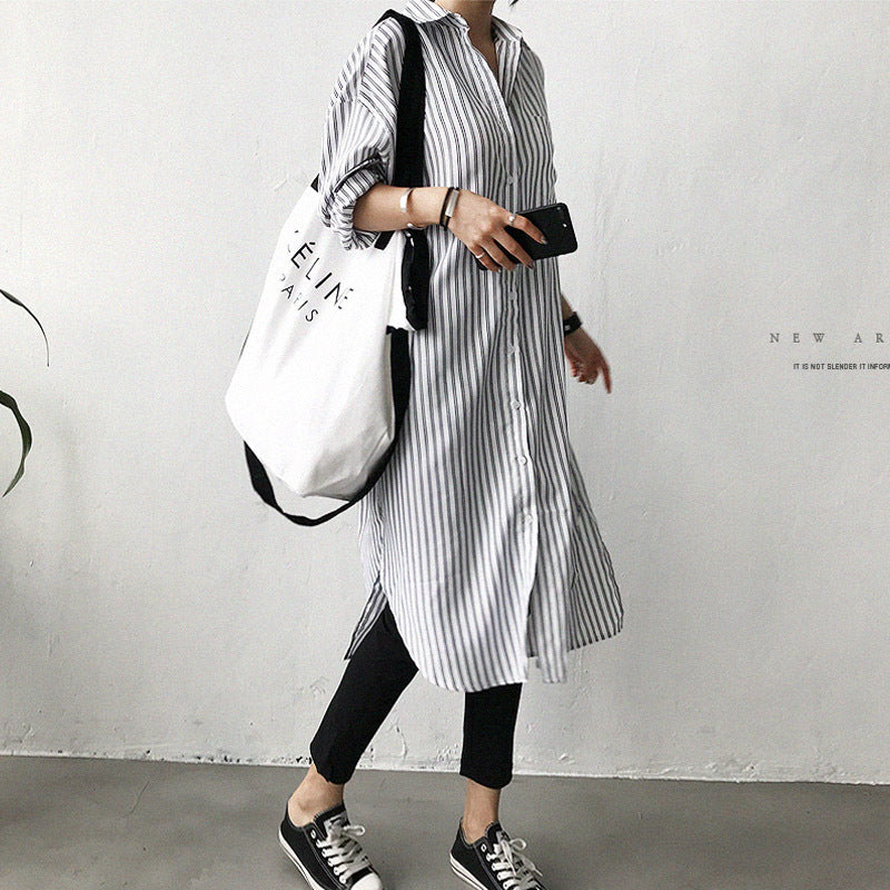 Early Autumn Lazy Cold Style Mid-length Striped Shirt