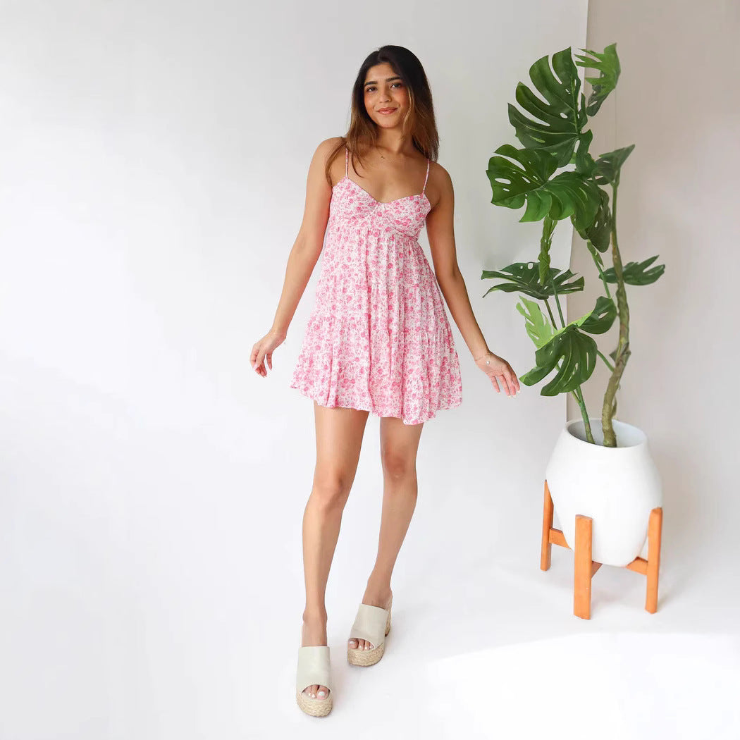 High Waist Strap Floral Backless Dress