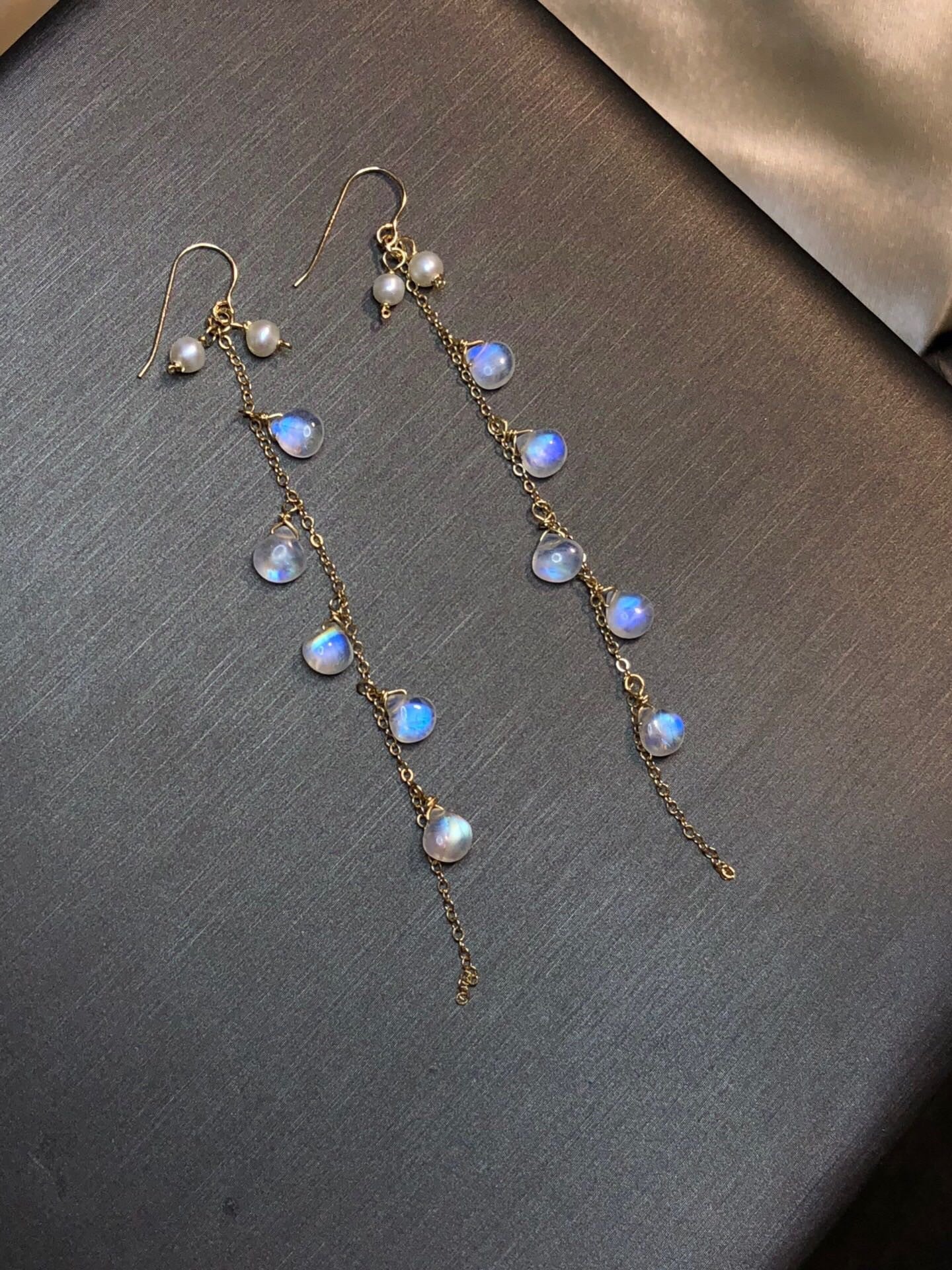 Moonlight Stone Wrapped Vintage Tassel 14k Earrings