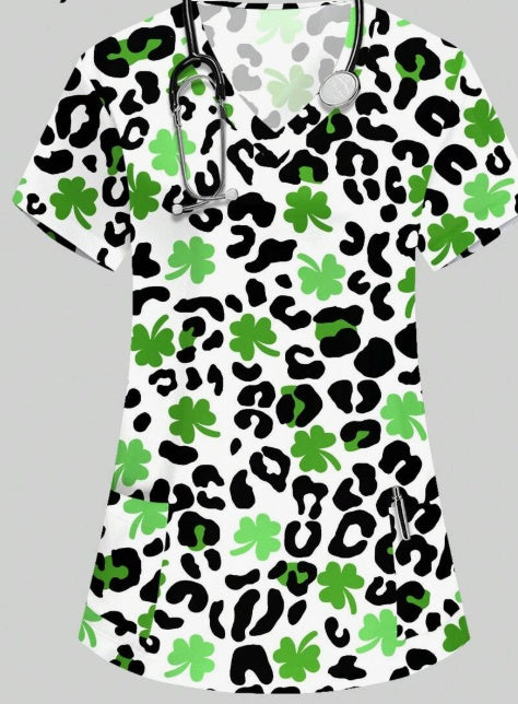 Plus Size Women's Vibrant Print Scrub Top Casual V-Neck Short Sleeve