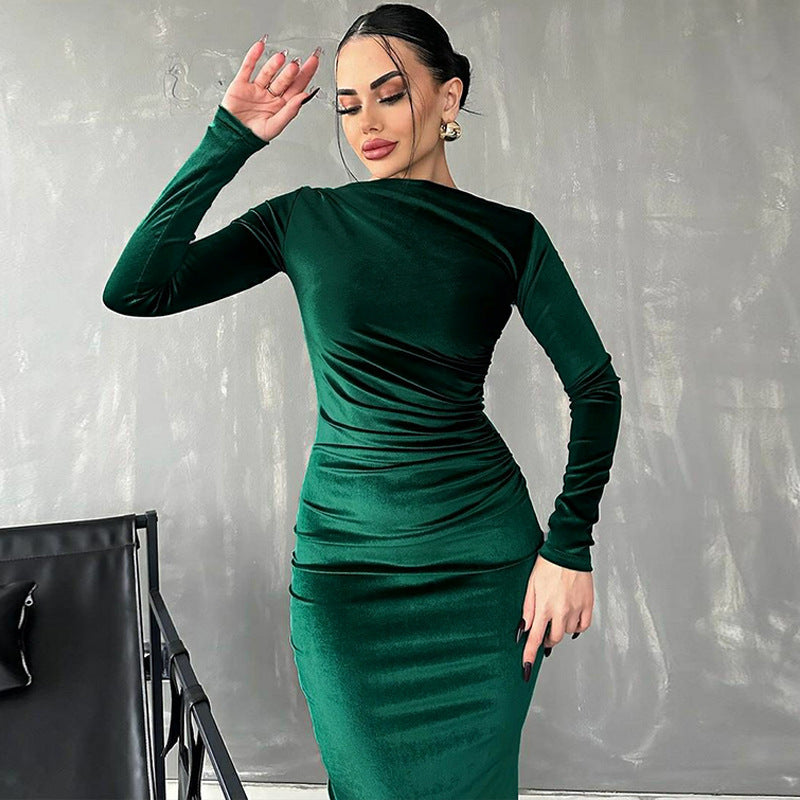 Fashion Solid Color Slim Pleated Round-neck Long-sleeved Dress